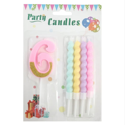 Party Decoration 6 Number Candle With Pastel Twisted Candle - 5Pcs Set - Pink Glitter