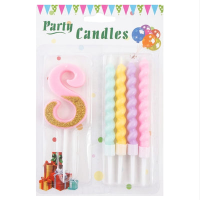 Party Decoration 8 Number Candle With Pastel Twisted Candle - 5Pcs Set - Pink Glitter