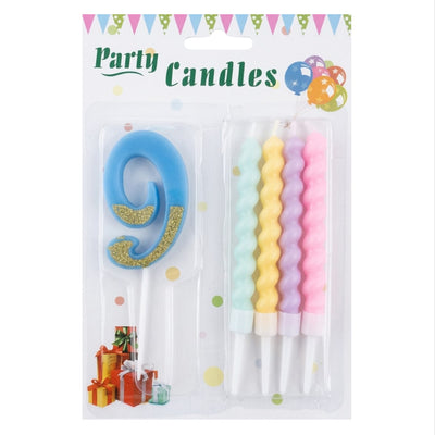 Party Decoration 9 Number Candle With Pastel Twisted Candle - 5Pcs Set - Blue Glitter