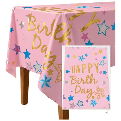 Happy Birthday Star Theme Party Decoration Aluminium Foil Tableware Pink - Table Cover - 1.37X2.74M
