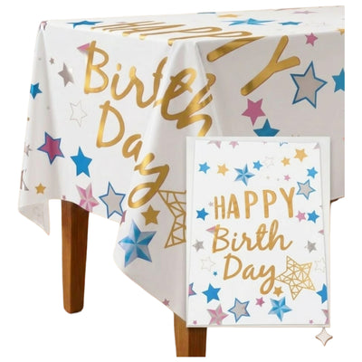 Happy Birthday Star Theme Party Decoration Aluminium Foil Tableware White - Table Cover - 1.37X2.74M
