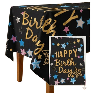 Happy Birthday Star Theme Party Decoration Aluminium Foil Tableware Black - Table Cover - 1.37X2.74M