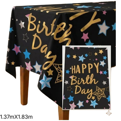 Happy Birthday Star Theme Party Decoration Aluminium Foil Tableware Black - Table Cover - 1.37X1.83M