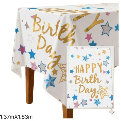 Happy Birthday Star Theme Party Decoration Aluminium Foil Tableware White - Table Cover - 1.37X1.83M