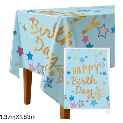 Happy Birthday Star Theme Party Decoration Aluminium Foil Tableware Light Blue - Table Cover - 1.37X1.83M