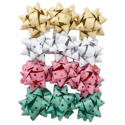 Gift Paper Ribbon Bow Star Shape Printed - Assorted Colours - Pack Of 12 Pcs