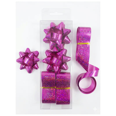 Gift Decoration Star Shaped Bows And Rolls Of Ribbons - Magenta Glitter - Pack Of 2 Pcs Each