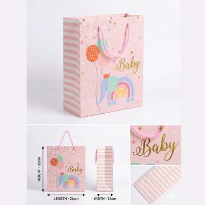 Gift Bag - Baby Shower Design - Pink - 26X32X12 Cm