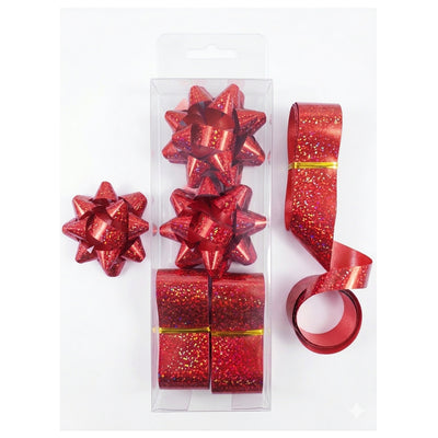 Gift Decoration Star Shaped Bows And Rolls Of Ribbons - Red Glitter - Pack Of 2 Pcs Each