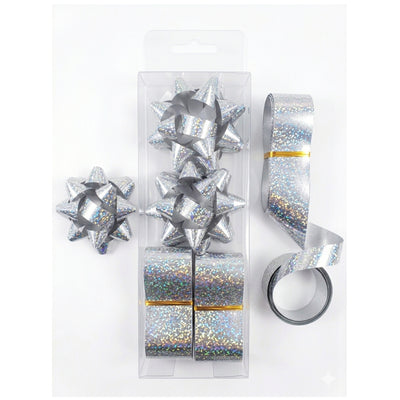 Gift Decoration Star Shaped Bows And Rolls Of Ribbons - Silver Glitter - Pack Of 2 Pcs Each