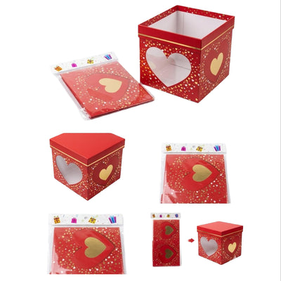 Folding Gift Box - Collapsible Heart Theme - Red Colour - 15X15X15Cm
