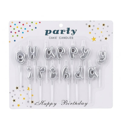 Happy Birthday Letter Cake Candle Set - Metallic Silver Colour