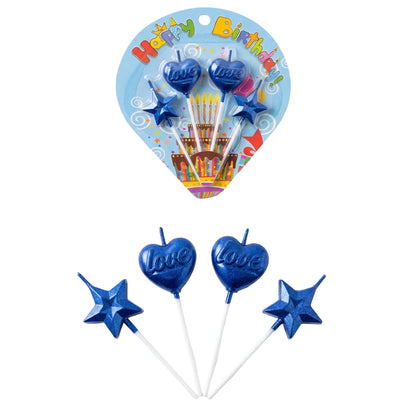 Party Cake Candle - Heart And Star Design - 4Pcs Set - Blue Colour