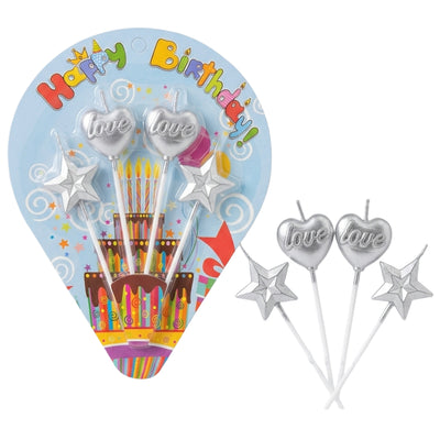 Party Cake Candle - Heart And Star Design - 4Pcs Set - Silver Colour