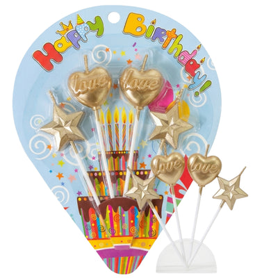 Party Cake Candle - Heart And Star Design - 4Pcs Set - Gold Colour