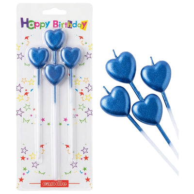 Party Cake Candle - Heart Shape - 4Pcs Set - Metallic Blue Colour