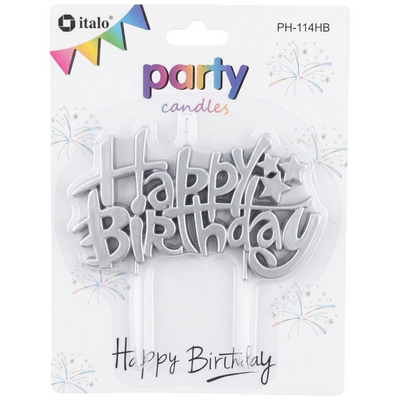 Happy Birthday Letter Candle With Topper - Metallic Silver Colour
