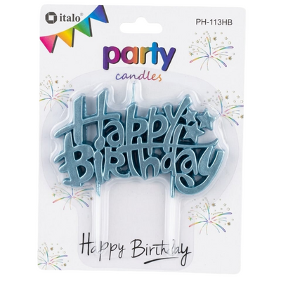 Happy Birthday Letter Candle With Topper - Metallic Light Blue Colour