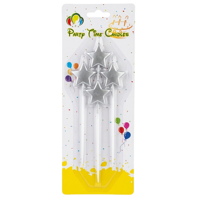 Star Shape Party Candle With Topper - Metallic Silver Colour - Pack Of 4 Pcs