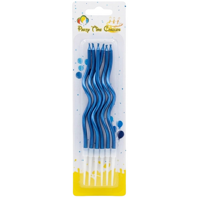 Cake Decoration Metallic Curly Candle - Blue Colour - Pack Of 6 Pcs