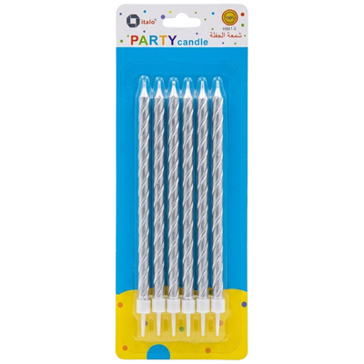 Cake Decoration Metallic Spiral Candle - Silver Colour - Pack Of 6 Pcs