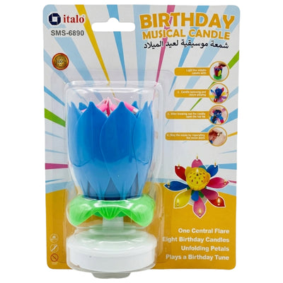 Birthday Music Candle Rotating Lotus Style - Blue Colour