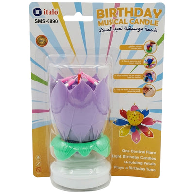 Birthday Music Candle Rotating Lotus Style - Purple Colour