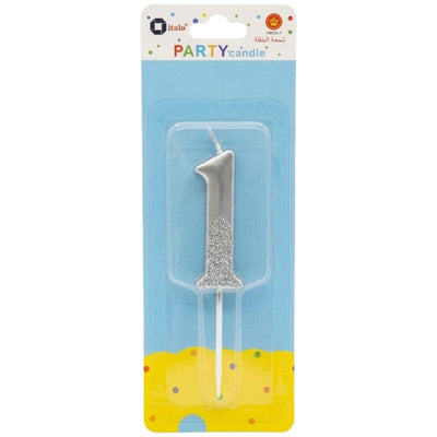 Party Decoration 1 Number Metallic Candle - Silver Glitter