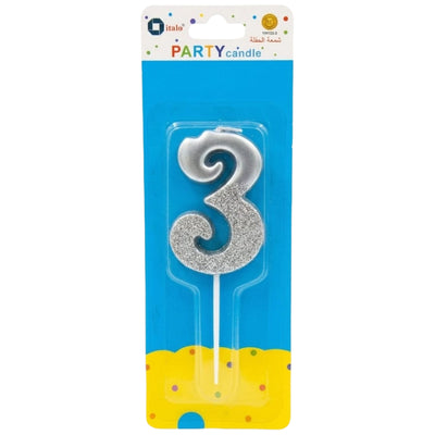 Party Decoration 3 Number Metallic Candle - Silver Glitter