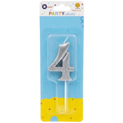 Party Decoration 4 Number Metallic Candle - Silver Glitter