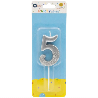 Party Decoration 5 Number Metallic Candle - Silver Glitter
