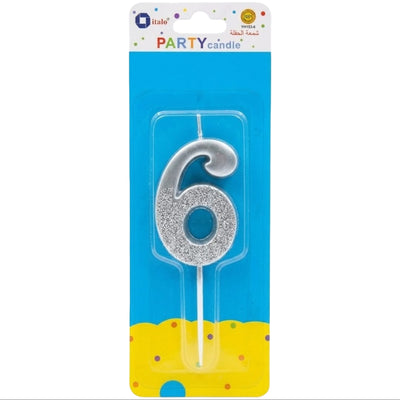 Party Decoration 6 Number Metallic Candle - Silver Glitter