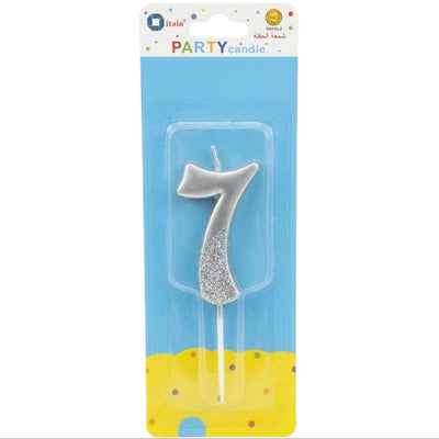 Party Decoration 7 Number Metallic Candle - Silver Glitter