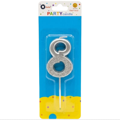 Party Decoration 8 Number Metallic Candle - Silver Glitter