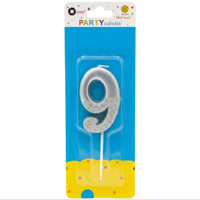 Party Decoration 9 Number Metallic Candle - Silver Glitter