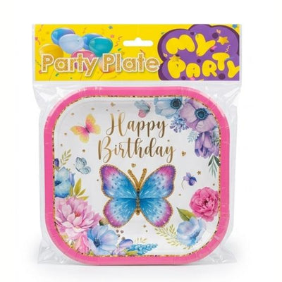Happy Birthday Butterfly Printed Disposable Party Plates - 7 Inch - Pack Of 6 Pcs