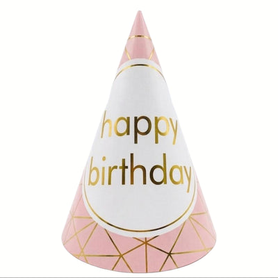 Happy Birthday Geometric Grid Pattern Party Cone Cap - Party Hat - Pink