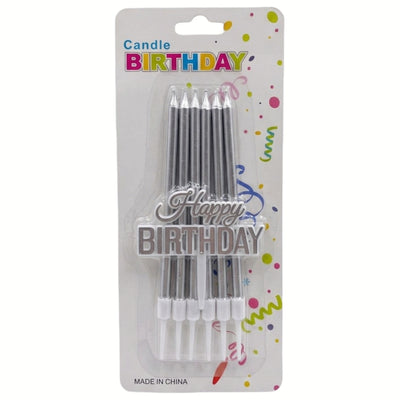 Happy Birthday Party Decoration Cake Topper With Candles - Silver