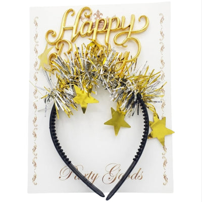 Happy Birthday Party Headband With Shimmering Tinsel And Stars - Gold Colour
