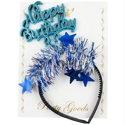 Happy Birthday Party Headband With Shimmering Tinsel And Stars - Aqua Blue Colour