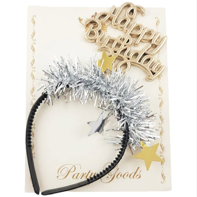 Happy Birthday Party Headband With Shimmering Tinsel And Stars - Rose Gold Colour