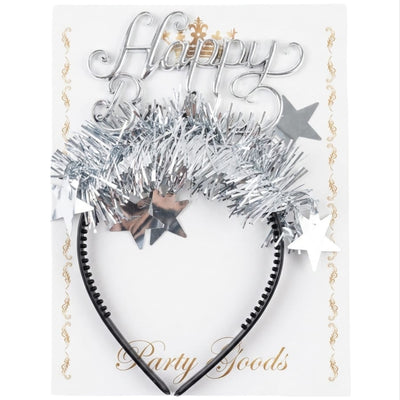 Happy Birthday Party Headband With Shimmering Tinsel And Stars - Silver Colour