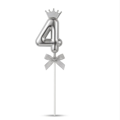 Cake Decoration Topper 4 Number With Crown - Silver Colour