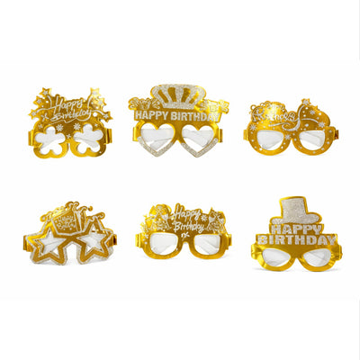 Happy Birthday Paper Eye Glasses - 6Pcs Set - Gold Glitter - Assorted Design (1Pack Only)