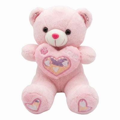 Teddy Bear Plush Doll With Heart Shaped Pillow Rose And Sequins Themed - Pink - 30 Cm