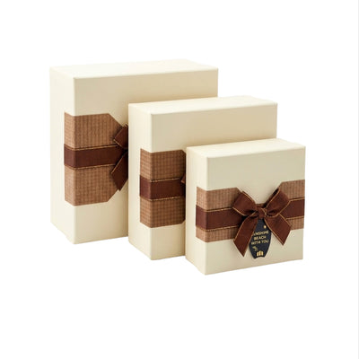 Gift Packing Box With Brown Ribbon - Off White Colour - 3Pcs Set