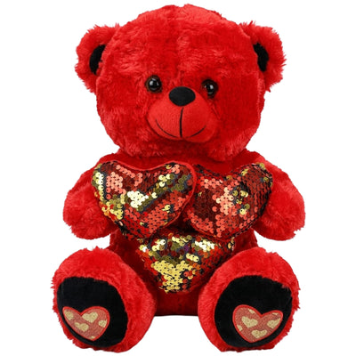 Teddy Bear Plush Doll With Heart Shaped 3 Sequins Pillow - Red Colour - 30 Cm