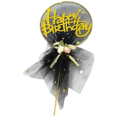 Happy Birthday Cake Topper With Net - Black Colour