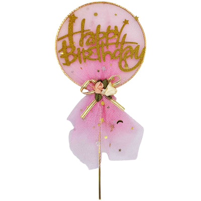 Happy Birthday Cake Topper With Net - Pink Colour