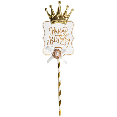 Happy Birthday Cake Topper With Crown - White And Gold